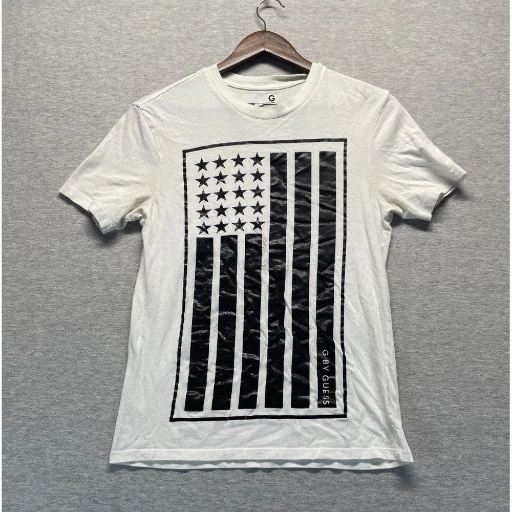 G by Guess T Shirt Mens XS White Black Graphic Print USA American Flag Casual